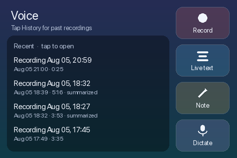 The Voice tile on the device: recent recordings listed on the left, with Record, Live text, Note and Dictate buttons down the right-hand rail.